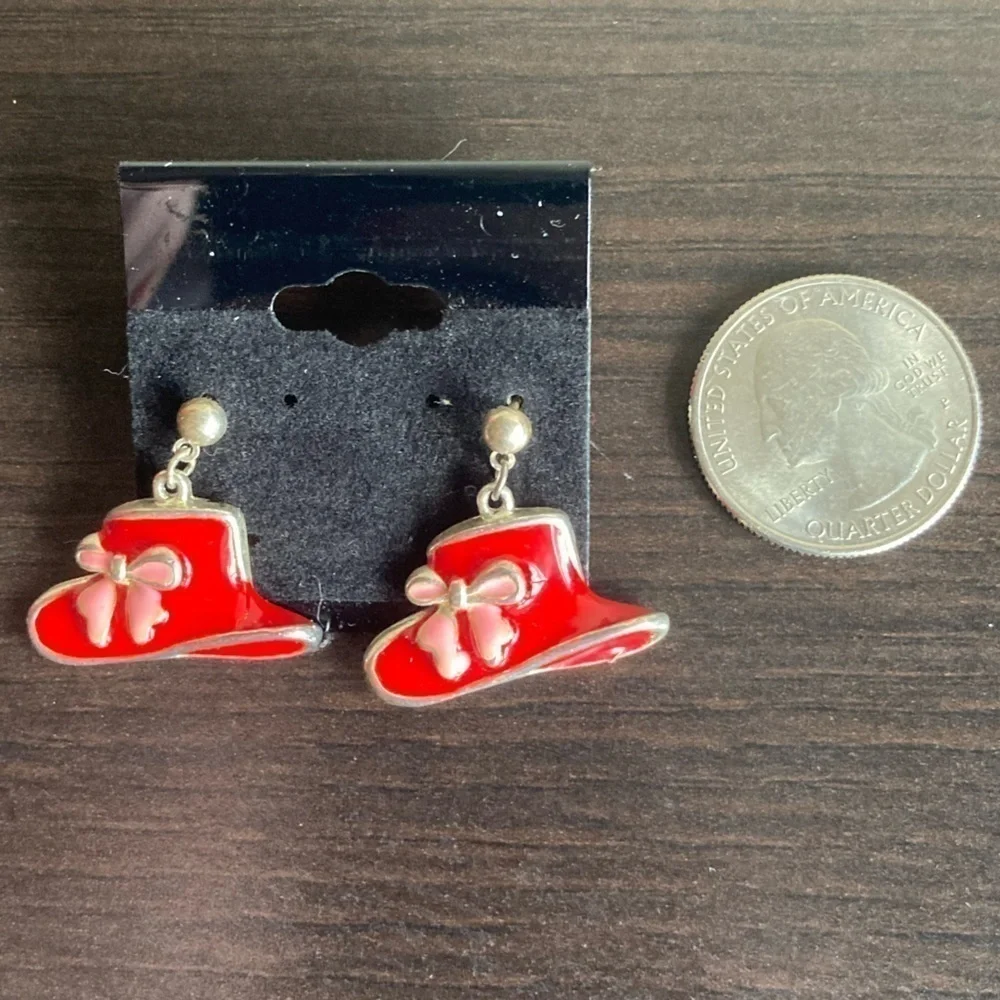 Red hat pink bow earrings